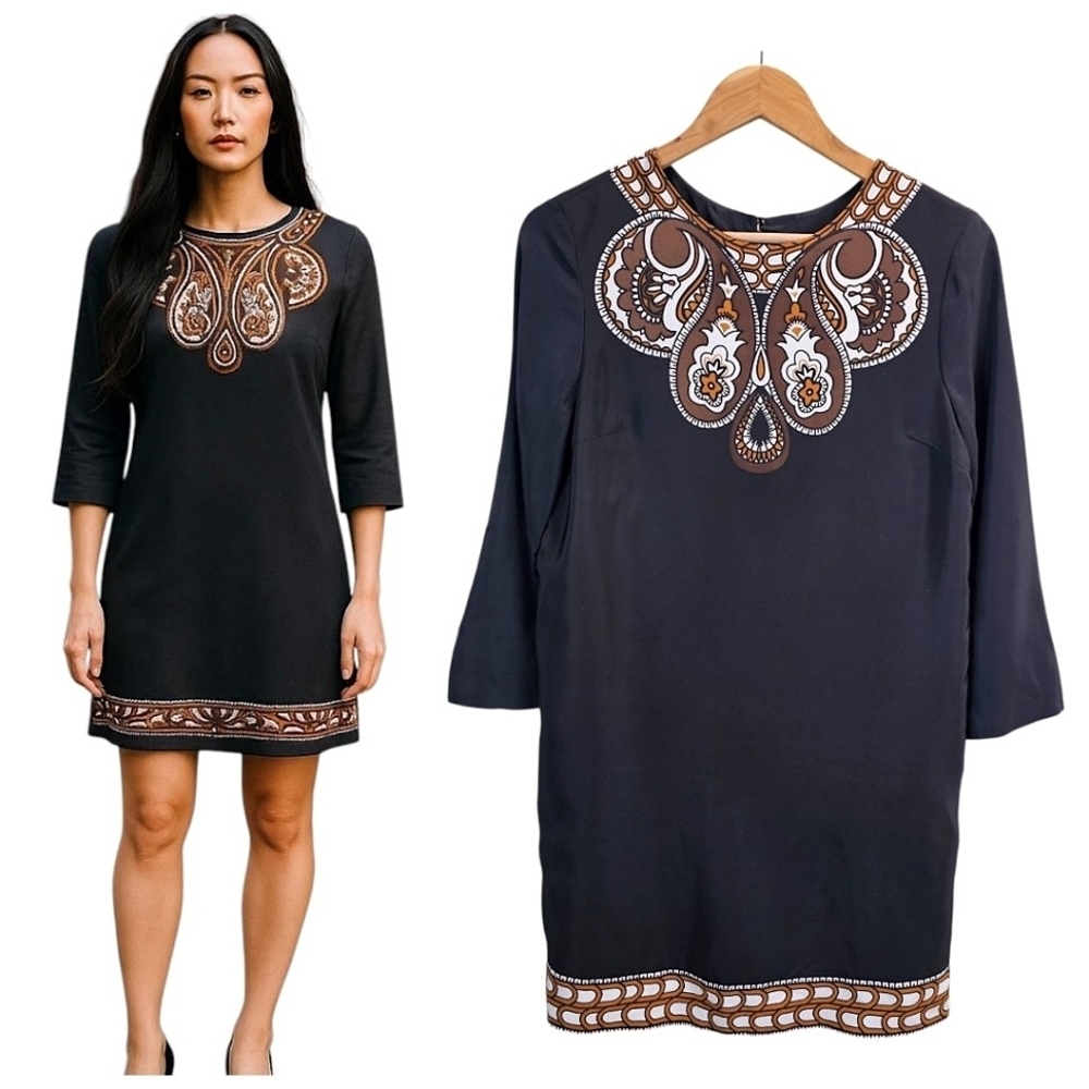 Tibi Women 100% Silk 3/4 Sleeve Shift Dress 8 Black Sophisticated Luxury Elegant